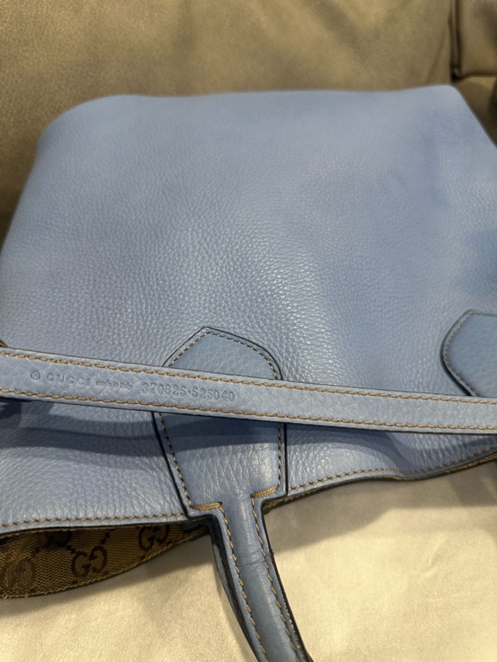 Gucci Beige GG Canvas Tote with Light Blue Leather Trim - Picture 8 of 12